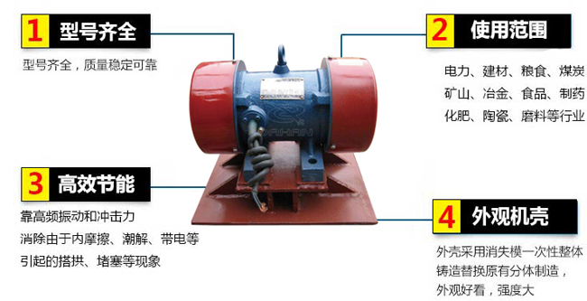 lzf倉壁振動器：1，型號齊全：型號齊全，質量穩(wěn)定可靠。2，適用范圍：電力，建材，糧食，煤炭，礦山，冶金，食品，制藥，化肥，陶瓷，磨料等行業(yè)。3，高效：靠高頻振動和沖擊力消除由于內(nèi)摩擦，潮解，帶電等引起的塔供，堵塞等現(xiàn)象。4，外觀機殼：外殼采用消失模一次性整體鑄造替換原有分體制造，外觀好看，強度大。