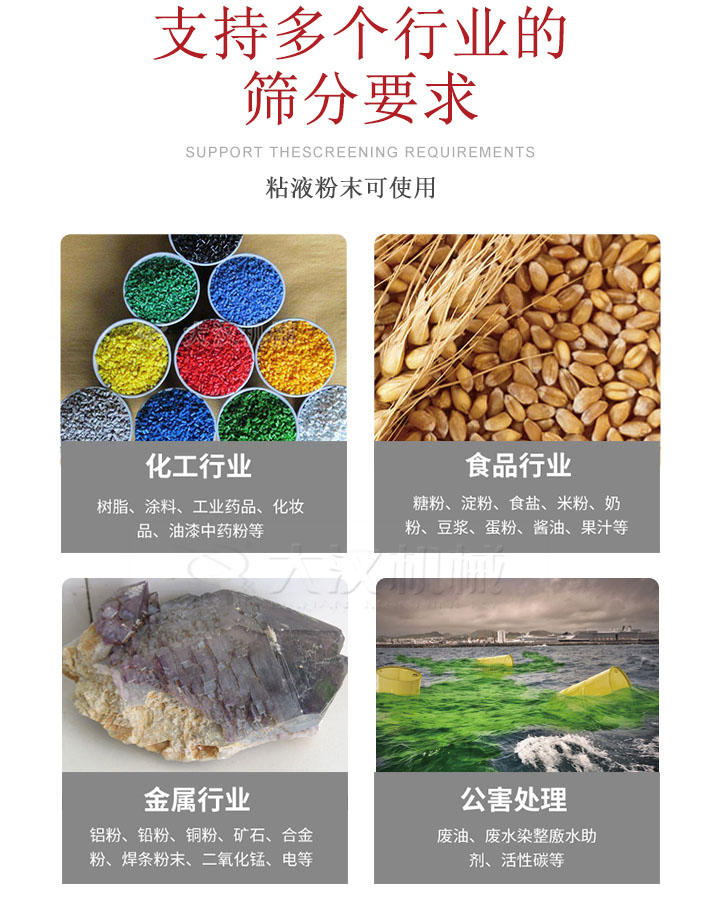 適用于化工行業，食品行業，金屬行業，以及公害處理等行業?；ば袠I：樹脂，涂料，工業藥品，化妝品，油漆，中藥粉等;食品行業：糖粉，淀粉，食用鹽，米粉，奶粉，豆漿，蛋粉，醬油，果汁等;金屬行業：鋁粉，鉛粉，銅粉，礦石，合金粉，焊條粉末，二氧化錳，電等。公害處理：廢油，廢水染整廒水助劑，活性炭等。超聲波振動篩支持挑選定制常見的有：不銹鋼，碳鋼，全不銹鋼三種規格。不銹鋼：耐腐蝕，耐高溫適合化工行業,碳鋼：鋼性強，硬度高經久耐用,全不銹鋼：機身經久耐用不易生銹不易腐蝕超聲波振動篩共有一到四層可供選擇。大漢超聲波振動篩優勢：篩分效率高，篩分精度高，產量可提高0.5-10倍適用于：大米，米粉，綠豆，小米等。輕松解決堵網問題適用10目-635目之間的物料。